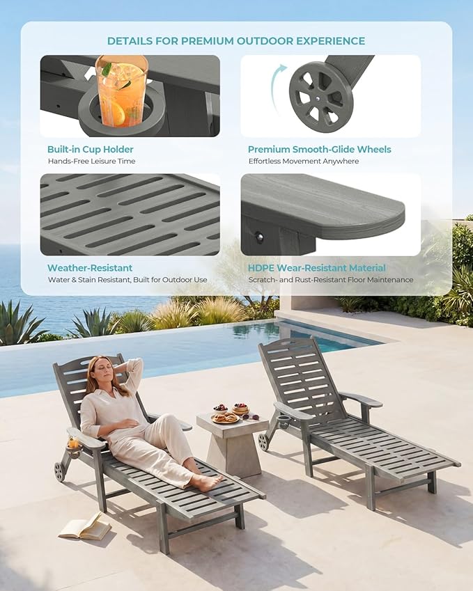 Lounge Chair Outdoor with Wheels & Cup Holder, 5-Position Adjustable Heavy Duty Patio Lounge Chair, HDPE Outdoor Chaise Lounge, 350 lbs Capacity, All Weather for Poolside, Deck, Backyard (Grey)
