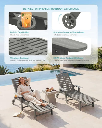 Lounge Chair Outdoor with Wheels & Cup Holder, 5-Position Adjustable Heavy Duty Patio Lounge Chair, HDPE Outdoor Chaise Lounge, 350 lbs Capacity, All Weather for Poolside, Deck, Backyard (Grey)