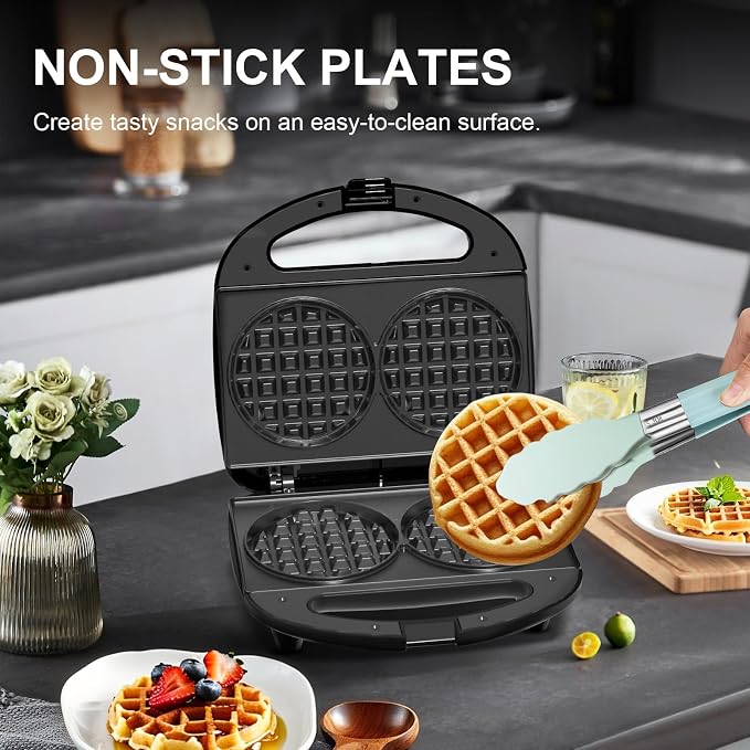 OSTBA Mini Waffle Maker, Double 4-Inch Belgian Waffle Iron | 750W Heating Makes Two Waffles at Once with Nonstick Plates, Indicator Lights, Cool-Touch Handle and Compact Storage