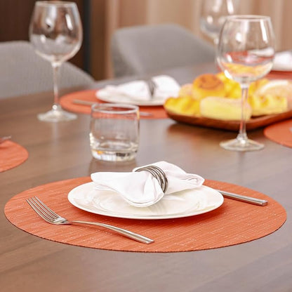 Round Placemats Set of 8 Heat Resistant Vinyl Placemats 15 inch Washable Non-Slip Table Mats Woven Place Mats for Dining Table (Orange, Set of 8)
