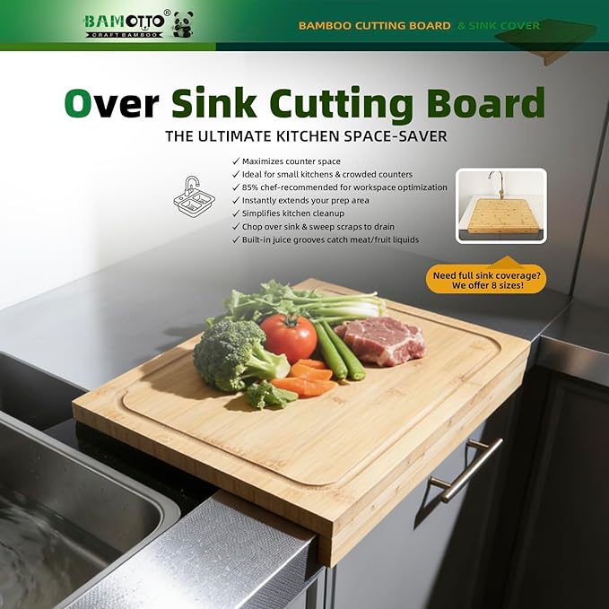 BAMOTTO CRAFTBAMBOO Bamboo Cutting Board for Kitchen 17.7"x12.6", Reversible with Dual Juice Grooves, Detachable Front Lip for Counter & Over-Sink, Large Chopping Board for Bread Meat Vegetables