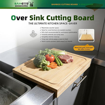 BAMOTTO CRAFTBAMBOO Bamboo Cutting Board for Kitchen 17.7"x12.6", Reversible with Dual Juice Grooves, Detachable Front Lip for Counter & Over-Sink, Large Chopping Board for Bread Meat Vegetables
