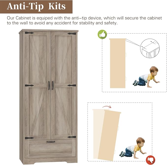 Shintenchi Kitchen Pantry Cabinet, Freestanding Farmhouse Storage Cabinet with 4 Shelves and 1 Drawer, Tall Cupboard for Kitchen, Living Room, Dining Room and Bathroom, Ash Gray