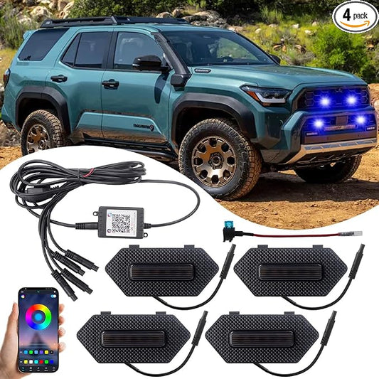 4PCS Front Grill Lights Compatible with Toyota 4Runner TRD PRO 2025 2026 | 8 Lighting Modes, with 4-in-1 Wire Harness Fuse Adaptor, LED Grille Light Bar for Toyota 4Runner 2025 2026