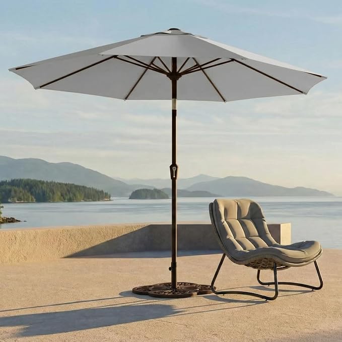 Kingdura 10FT Outdoor Patio Umbrella, Round Market Table Umbrella with Push‑Button Tilt and Crank Lift, 8 Sturdy Metal Ribs, UV50+ Protection Canopy for Backyard, Lawn, Deck, Poolside, Garden (Light grey)