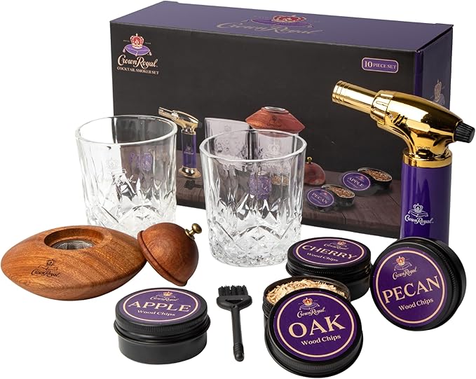 Crown Royal Cocktail Smoking Kit – 10-Piece Smoker Set for Whiskey & Cocktails with Torch, Wood Chips, Smoker Lid, Glasses & Accessories – Premium Gift Set for Men, Bourbon Lovers & Home Bars