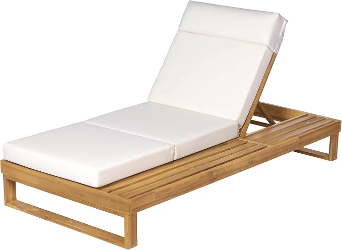 Merax Teak Finish Acacia Wood Chaise Lounge with 4-Inch Cream 4-Fold Cushion Set, Adjustable Outdoor Patio Lounger with Flat Side Surface, for Poolside