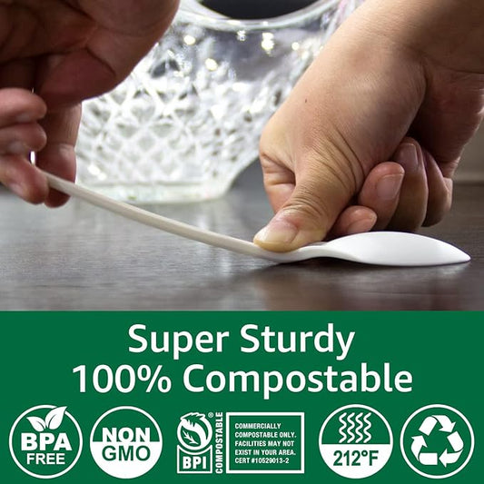 100% Compostable No Plastic Knives Plastic Forks Plastic Spoons Plastic Utensils, The Heavyweight Heavy Duty Flatware is Eco Friendly Products for Lounge Party Wedding BBQ Picnic Camping.