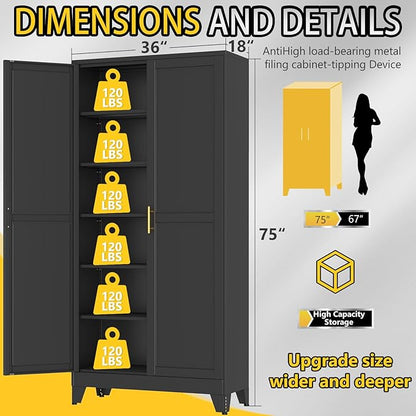 PAOFIN Metal Tall Storage Cabinet with 2 Doors and 5 Adjustable Shelves, 75" Metal Garage Storage Cabinets, File Cabinet,Steel Tool Cabinets for Home,Office,Garage,School,Warehouse (Black)
