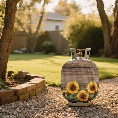 20 lb Propane Tank Cover Protective Propane Tank Blanket for Grill, Travel Trailer RV, and Outdoor Use Windproof Weatherproof Gas Cover Wood Print Sunflower