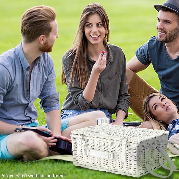 Wicker Picnic Basket Set for 4, Blanket, Cooler Bag, Green Plaid | Four-Person Wicker Set Includes Tableware, Insulated Food Storage and Waterproof Blanket for Parks, Camping, Dates and Gifts