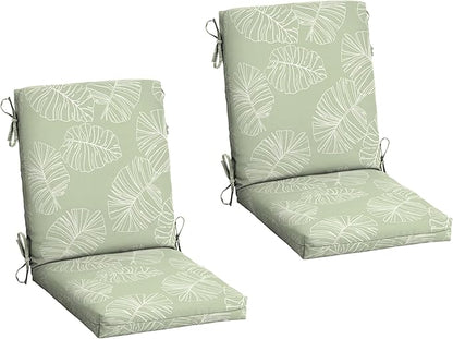 Arden 2-Pack Outdoor Patio Dining Chair Cushion, 20x44, Rain-Proof Seat Pad, Fade-Resistant Outdoor Cushion Coastal Green Leaf