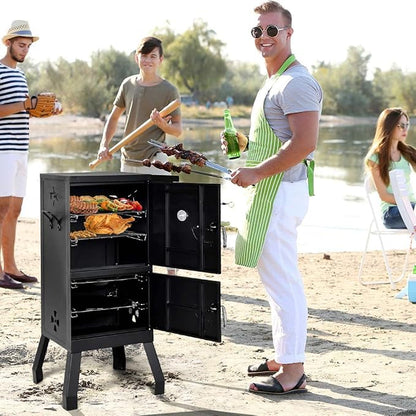 Moccha Smoked Carbon Oven, Vertical Charcoal Smoker, Outdoors Barbeque, Iron Structure, Two Layers Design, with Chrome-Plated Nets, Charcoal Pots, Suitable for Lawn Picnic, Black