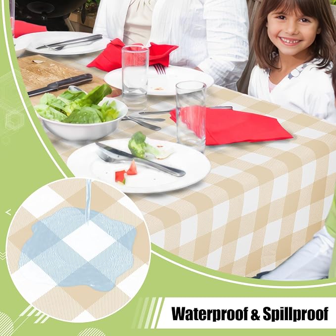 Smiry Picnic Table Cloth, Vinyl Tablecloths with Flannel Backing, 60"x120" | Waterproof Rectangle Table Cloth, Wipeable Buffalo Plaid Table Cover for Indoor and Outdoor (White & Beige)