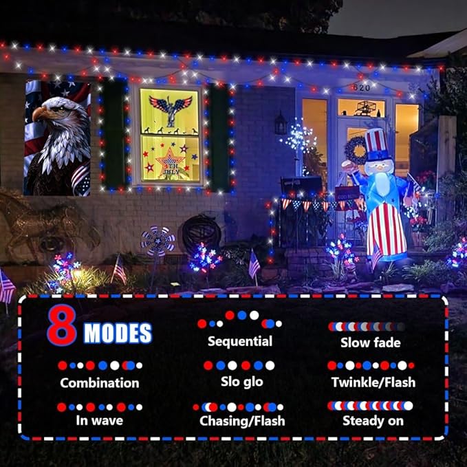 YEGUO 500 LED Red White and Blue String Lights Outdoor 4th of July Decorations - 165ft Patriotic Lights Plug in with 8 Modes for Memorial Independence Day Decor