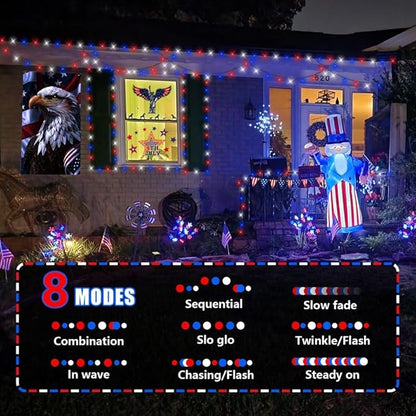YEGUO 500 LED Red White and Blue String Lights Outdoor 4th of July Decorations - 165ft Patriotic Lights Plug in with 8 Modes for Memorial Independence Day Decor