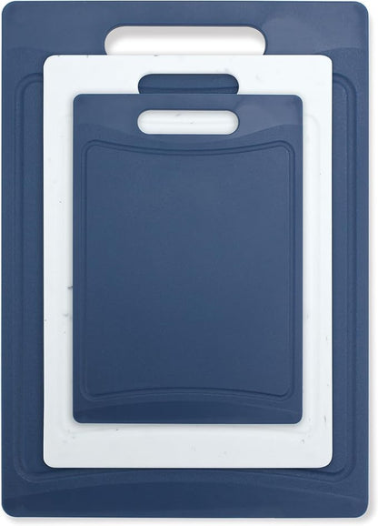 COOK WITH COLOR Non-Slip Cutting Board Set – Kitchen Essentials with Easy Grip Handle for Meat, Veggies, and Fruits, 3 Cutting Boards, Blue and White Marble