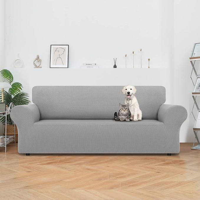 LURKA Stretch Couch Cover for Sofa, 1 Piece 3 Cushion Slipcover, Sliver | Soft Stretch Jacquard, Fits 78"-94" Sofas, Elastic Bottom for Secure Fit, Machine Washable, Pet & Kid Friendly