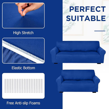 Peryiter 2 Pcs Couch and Loveseat Sofa Covers,Blue,Milk Silk | Armchair Covers for Living Room, Sofa Cushion Slipcover 2/3 Seater, Furniture Protector, Polyester and Spandex, Washable