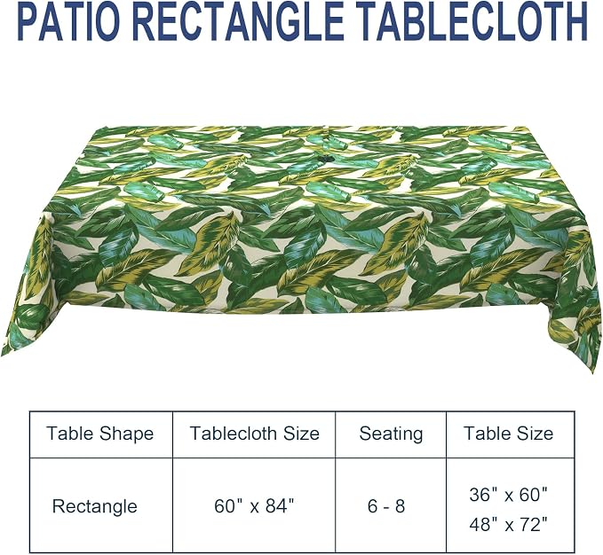 Outdoor Rectangle Tablecloth, 60×84 Inch Water Repellent Picnic Table Cover with Umbrella Hole Zipper for Patio Family Meal, Lush Leaf Jungle