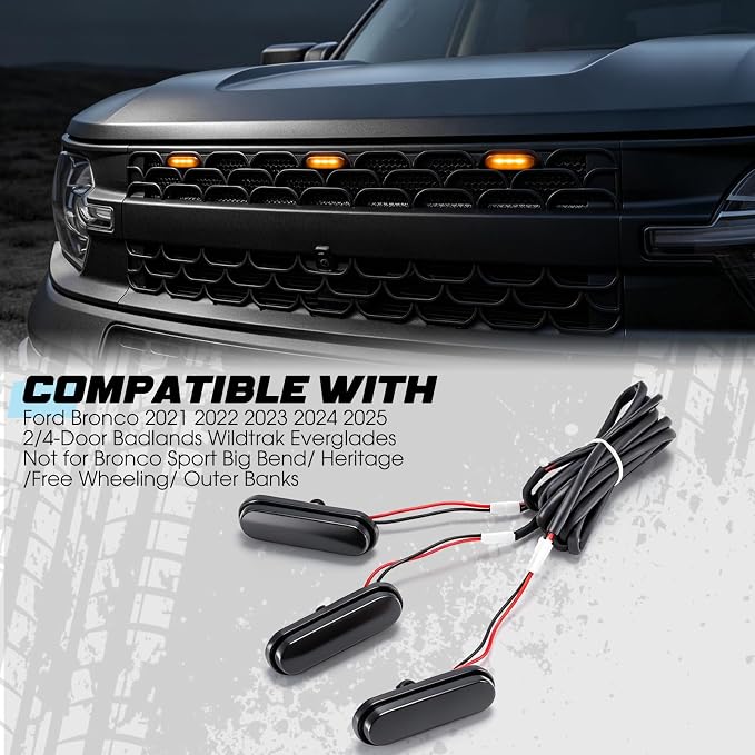 Front LED Grill Lights Compatible with Ford Bronco Accessories 2021 2022 2023 2024 2025 2/4-Door Badlands Wildtrak Everglades, Black, 3PCS