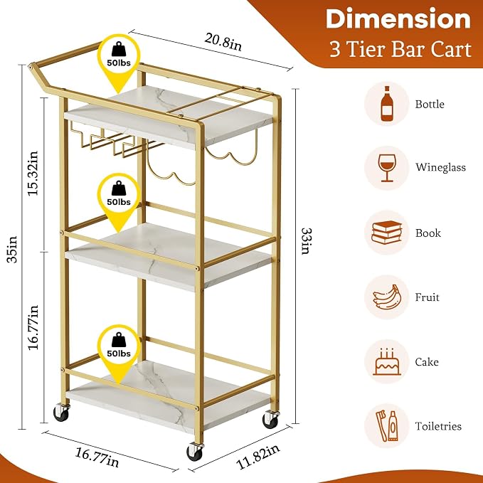 3 Tier Bar Cart Mini Liquor Utility Cart for Wine Beverage Dinner Party | Rolling Wine Coffee Drink Serving Cart with Lockable Wheels for Home Kitchen Bars (Gold)