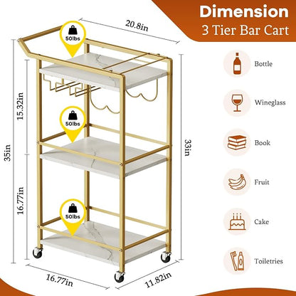 3 Tier Bar Cart Mini Liquor Utility Cart for Wine Beverage Dinner Party | Rolling Wine Coffee Drink Serving Cart with Lockable Wheels for Home Kitchen Bars (Gold)