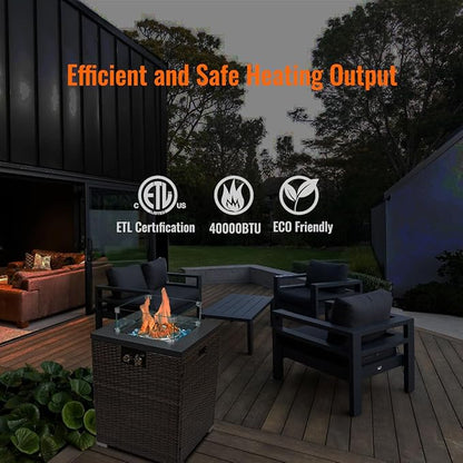 22in Outdoor Propane Gas Fire Pit Table, 40,000 BTU Auto-Ignition Gas Firepit with Glass Wind Guard, Painted Steel Tabletop, Mixed Color Glass Rocks, Brown PE Rattan
