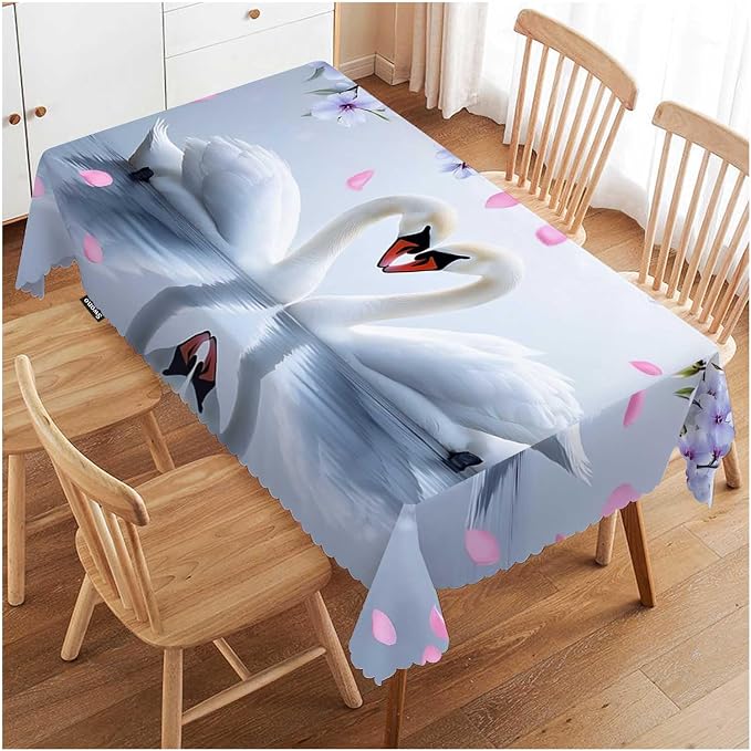 Swono Decorative Rectangle Table Cloth Swans, White Swans Love Heart Flowers Polyester Tablecloth Kitchen Table Cover for Dining BBQ Picnic Coffee Table 50x72, 4-6 Seats