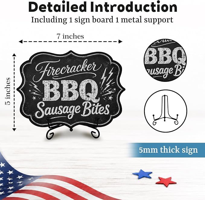 Wooden Food Sign with Metal Stand, Patriotic Hot Dog Buffet Decor for BBQ Party, Food Truck, Restaurant Counter, 5 x 7 Inch Independence Day Tabletop Display - A06