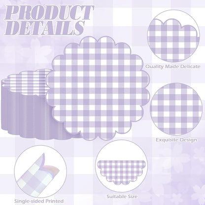 100 Pcs Checkered Paper Placemats Purple Gingham Place Mats 13.5 Inch Disposable Round Decorative Dining Table Mat with Scalloped Edge Paper Cutouts Decor for Wedding Baby Shower Party Supplies