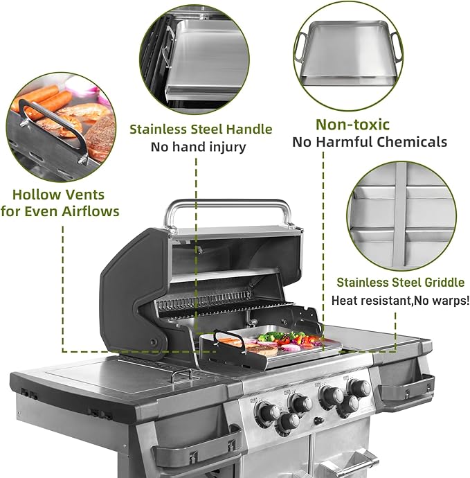Upgraded Griddle for Gas Grill, Flat Top Griddle with Non-Stick, Heat Evenly Stainless Steel Griddle, Heat Resistant, No warps, Perfect for Gas/Charcoal Grill, Camping, Tailgating Parties - 16"X12"