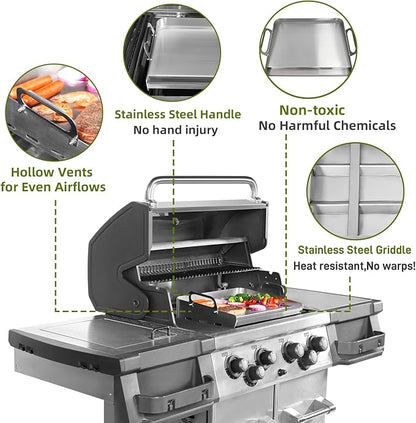 Upgraded Griddle for Gas Grill, Flat Top Griddle with Non-Stick, Heat Evenly Stainless Steel Griddle, Heat Resistant, No warps, Perfect for Gas/Charcoal Grill, Camping, Tailgating Parties - 16"X12"
