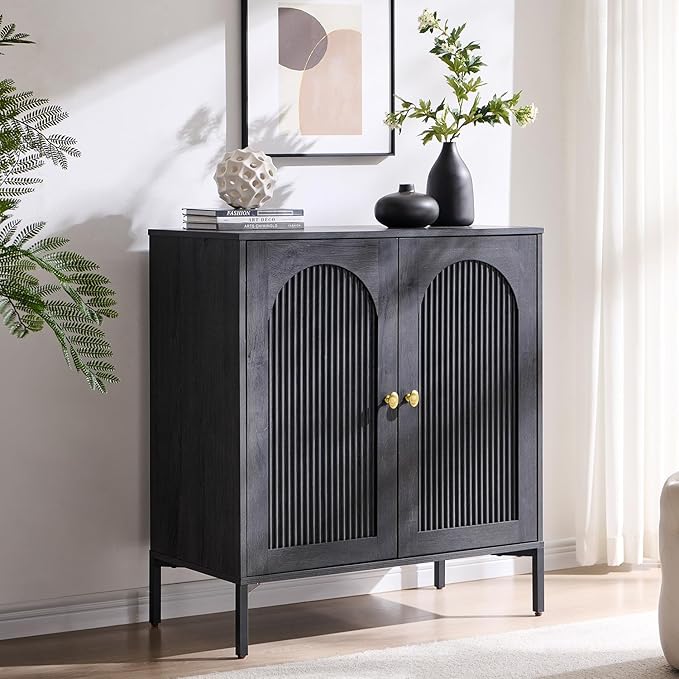 IFBUY Modern Sideboard Buffet Cabinet, 34" Tall Fluted Arched Buffet Cabinet with Storage and Adjustable Shelves, Wooden Modular Coffee Bar Cabinets for Kitchen, Entryway, Dark Grey