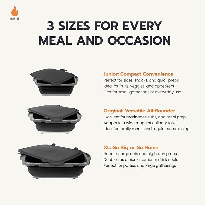 Drip EZ Collapsible BBQ Prep Tub - For Meal Prep, Marinating, Food Storage - Includes Cutting Board & Locking Lid - (1) XL - Sandstone