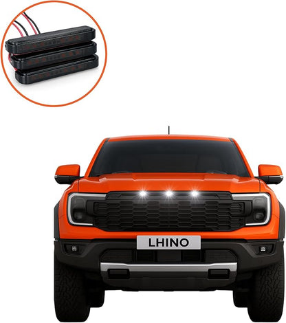 3pc White LED Front Grille Lights Compatible with 2022-2025 Ford Next-Gen Ranger Raptor Trucks, Smoked Lens, Seamlessly Integrates with AUX Switch (White, 3 LED)