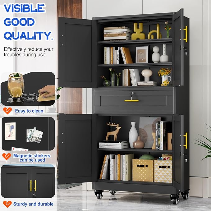 GAIOUS 71” Tall Metal Garage Storage Cabinet with Wheels and Drawer, Steel File Cabinet for Home Office, Tool Cabinet with 4 Locking Doors and 3 Adjustable Shelves, Rolling Cabinet for Garage - Black
