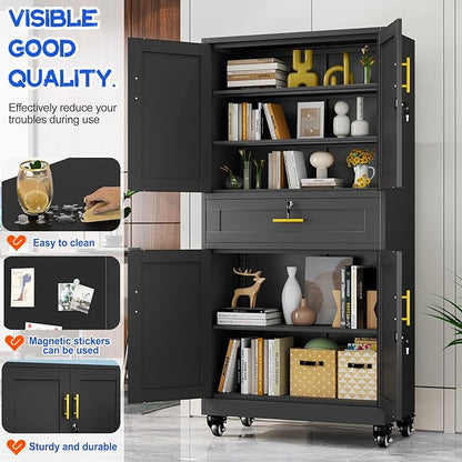 GAIOUS 71” Tall Metal Garage Storage Cabinet with Wheels and Drawer, Steel File Cabinet for Home Office, Tool Cabinet with 4 Locking Doors and 3 Adjustable Shelves, Rolling Cabinet for Garage - Black