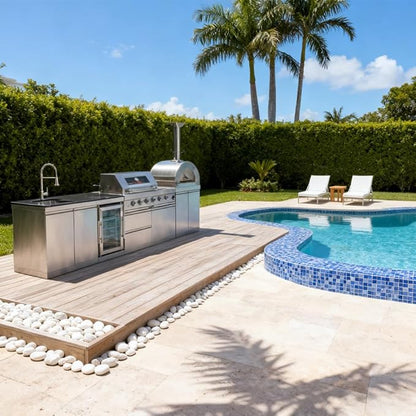125-Inch 108000 BTU Double Stainless Steel Gas Outdoor Kitchen Bar, BBQ Island Grill with Pizza Oven, Wine Cooler, Compact Refrigerator, Rotisserie & Granite Countertops, Sliver