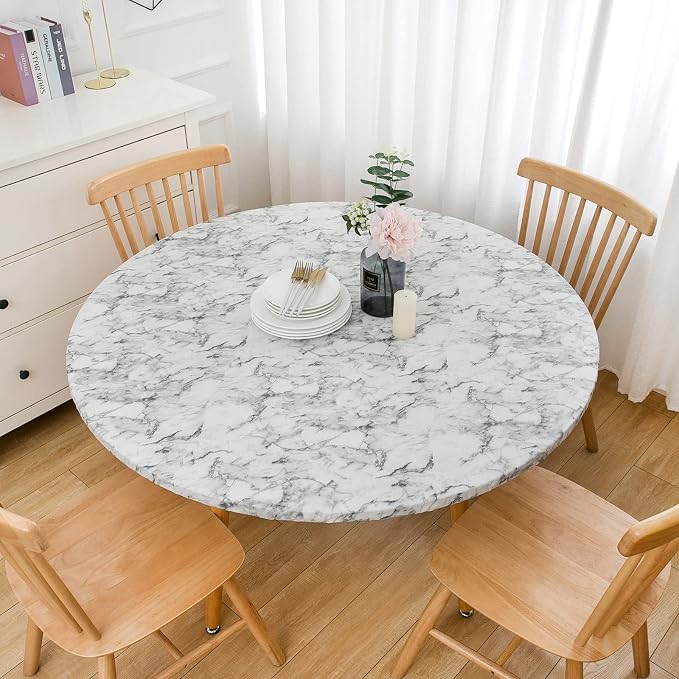LIBERECOO Round Vinyl Fitted Tablecloth with Flannel Backing Elastic Edge Table Cover Waterproof Stain-Resistant Wipeable Tablecloths Fits 57-65" Round Tables