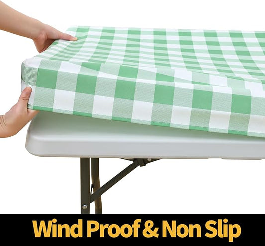 Smiry Rectangle Picnic Table Cloth, Elastic Waterproof Fitted Vinyl Tablecloths, Flannel Backed Buffalo Plaid Table Covers for Dining, Camping, Outdoor (Sage Green and White, 24" x 48")