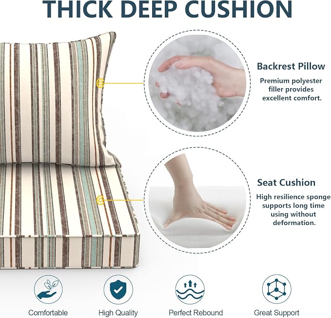 DYTXIII Outdoor Deep Seat Cushion Set, Water Repellent 24"x24" Patio Thick Cushions Replacement with Seat & Back Pillow for Patio Sofa, Wicker Chair, Couch - Stripe Onyx