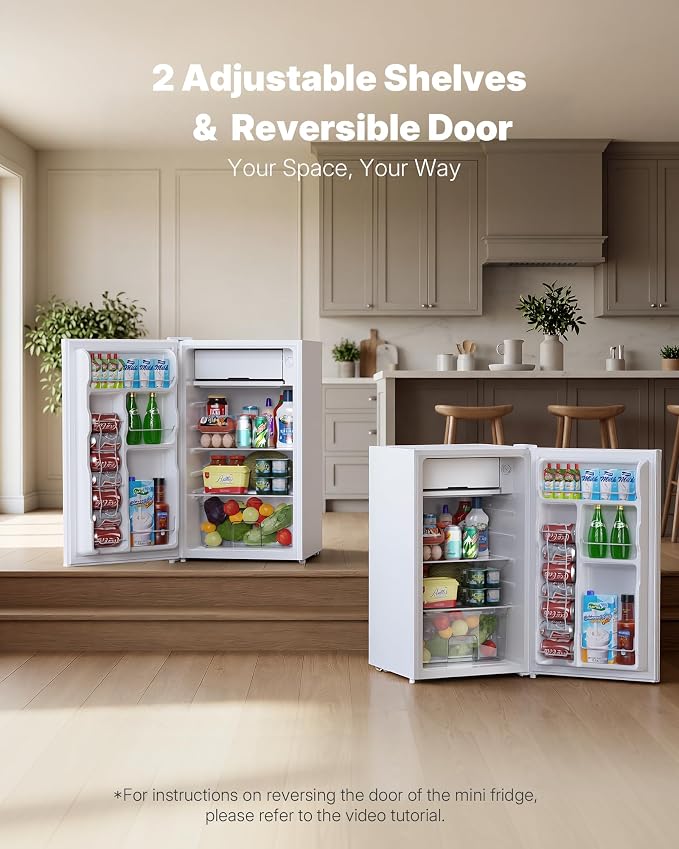 Upstreman 3.2 Cu.Ft Mini Fridge with Freezer, White-BR321 | Adjustable Thermostat, Energy Saving, Low Noise, Reversible Door, Small Refrigerator for Dorm, Bedroom, Office