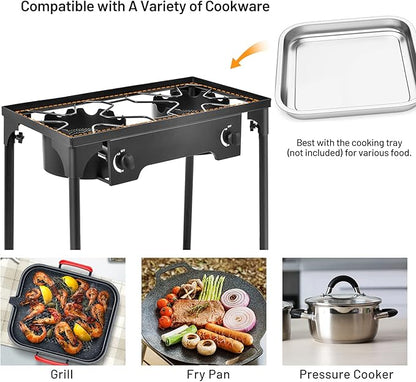 Giantex Outdoor Double Burner Stove, High Pressure 2 Burner Stand Max. 150,000 BTU total, 0-20 PSI Regulator Detachable Legs, Portable Dual Propane Grill Burner Stove for Camping Picnic Cookout