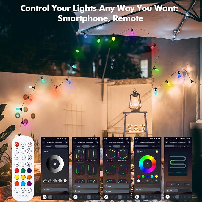 TviewSmart Outdoor String Lights Waterproof Color Changing for Patio 52FT | Warm White, APP&Remote Control, Custom Colors, Timer, Shatterproof Hanging Lights for Outside Backyard Porch Balcony Deck