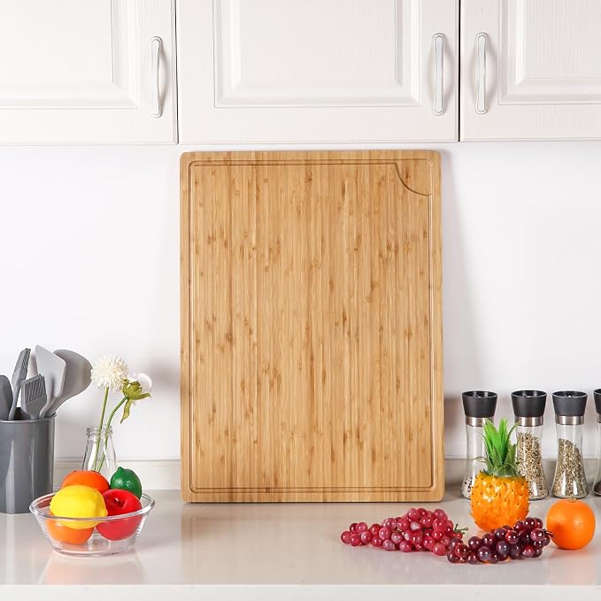 24 x 18 Bamboo Cutting Board, Large Kitchen Chopping Board for Meat, Butcher Block Cutting Board, Carving Board with Handle and Juice Groove for Turkey, Meat, Vegetables, BBQ
