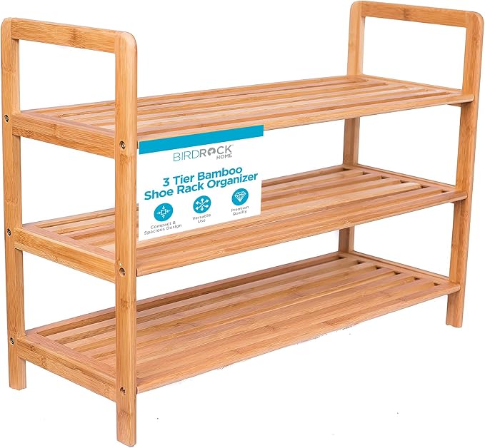 BIRDROCK HOME Bamboo Shoe Rack Organizer for Entryway, Closet, or Front Door - Stackable Wooden Storage Shelf for Small Spaces, Indoor or Outdoor, Decorative Brown Madera - Elegant, Simple - 3 Tier