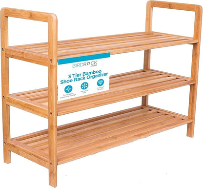 BIRDROCK HOME Bamboo Shoe Rack Organizer for Entryway, Closet, or Front Door - Stackable Wooden Storage Shelf for Small Spaces, Indoor or Outdoor, Decorative Brown Madera - Elegant, Simple - 3 Tier