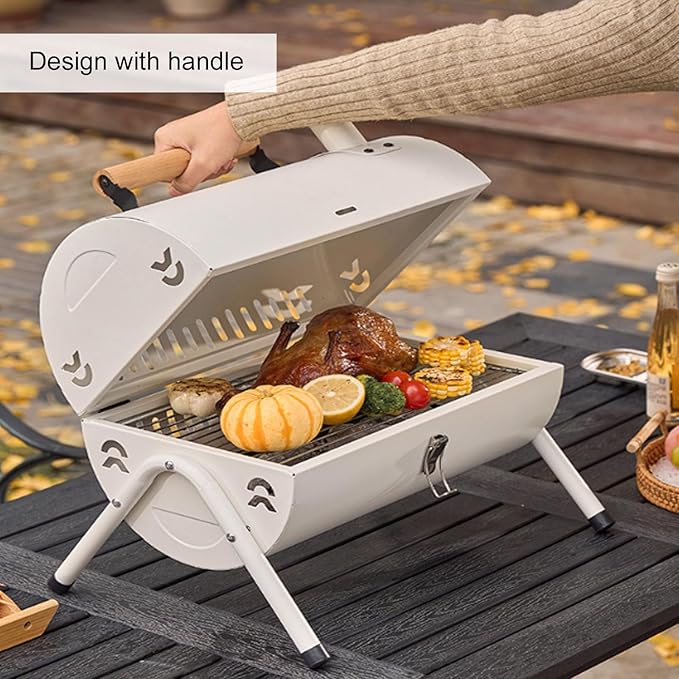 Portable Charcoal Grill, Small BBQ Grill, Tabletop Barbecue Grill with Chimney for Outdoor, Charcoal Grill for Camping Picnic Backyard Patio, Anti-scalding Handles, Easy Assembly (White)