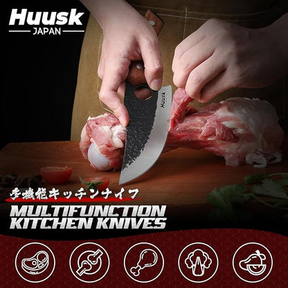 Huusk Butcher Knife Set of 3 - Full Tang Meat Cleaver Knife Set for Meat Processing, Hand Forged Viking Knives Sets with Bone Axe, Heavy-Duty Kitchen Knives Sets for Outdoor BBQ Cooking, Gifts for Men